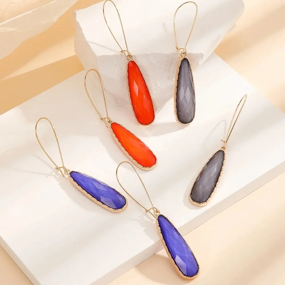3 Pairs Gold Geometric Gemstone Drop Earrings